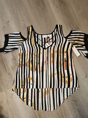 Cold-Shoulder Striped V-Neck Blouse NWT